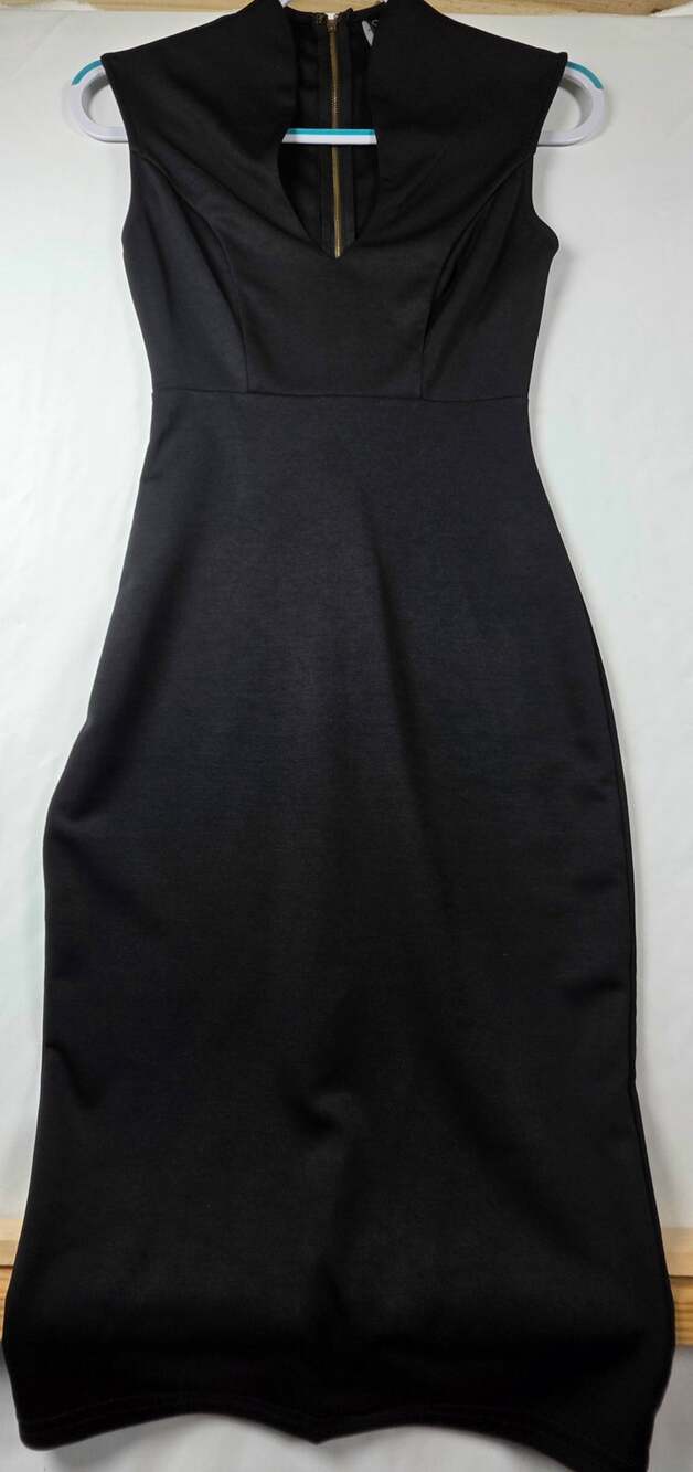 Windsor Sleek Little Black Dress LBD Midi Bodycon Gold Back Zip Size XS